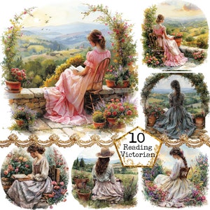 JPEG acquerello Vintage lettura Lady Clipart Bundle JPEG Park Clipart uso commerciale Download immediato Paper Crafts Junk Journal Scrapbooking