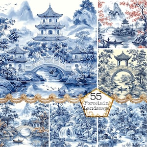 JPEG Antique Japanese Landscape Tiles Clipart Bundle Mediterranean Tiles Ceramic  Instant Download Paper Crafts Junk Journal Scrapbooking