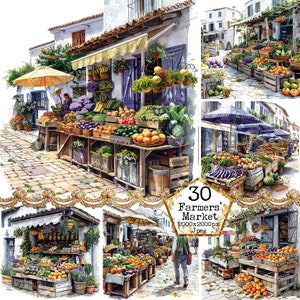 May include: A watercolor painting of a farmers market with colorful fruits, vegetables, and produce displayed on wooden stands. The market is bustling with activity, with people shopping and vendors selling their wares. The painting is full of vibrant colors and details, capturing the essence of a lively market scene.
