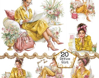 Office Girl - Watercolor JPEG Clipart Bundle Instant Download Paper Crafts Junk Journal Scrapbooking