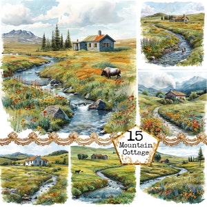 JPEG Aquarell Berg Cottage JPEG Natur Landschaft Clipart Aquarell Landschaft Sofortiger Download Papier Handwerk Junk Journal Scrapbooking