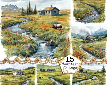 Chalet de montagne aquarelle JPEG JPEG Nature paysage Clipart aquarelle paysage Téléchargement instantané Papier artisanat indésirable Journal Scrapbooking