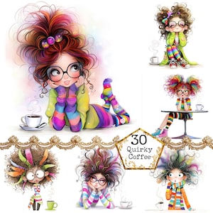 JPEG Whimsical Coffee Girl Clipart Bundle Morning Girl Work From Home Clipart Instant Download Paper Crafts Junk Journal Scrapbooking