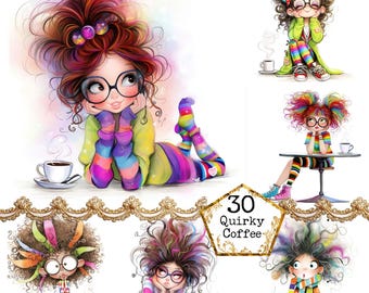 JPEG Whimsical Kaffee Mädchen Clipart Bundle Morgen Mädchen Arbeit von zu Hause aus Clipart Instant Download Papier Handwerk Junk Journal Scrapbooking