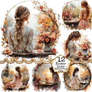 Aquarel bloemenmeisje clipartbundel jpeg-bestanden prachtig landschap vintage vintage jurk Instant download papier ambachten ongewenste dagboek scrapbooking