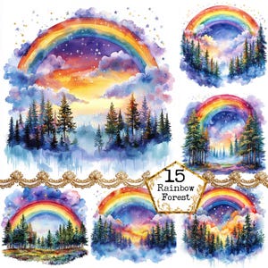 JPEG Watercolor Rainbow Sublimation Design Clipart Bundle Rainbow Magical Forest Instant Download Paper Crafts Junk Journal Scrapbooking