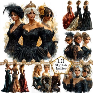 Bundle de cliparts pour filles de bal d'amis JPEG élégante robe de nuit des cliparts bal de promo thème sombre Téléchargement instantané Artisanat en papier Journal indésirable Scrapbooking