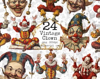 Vintage Clown clipart Bundle Antique Circus Clipart Vintage Clipart Victorian Clown Instant Download Paper Crafts Junk Journal Scrapbooking