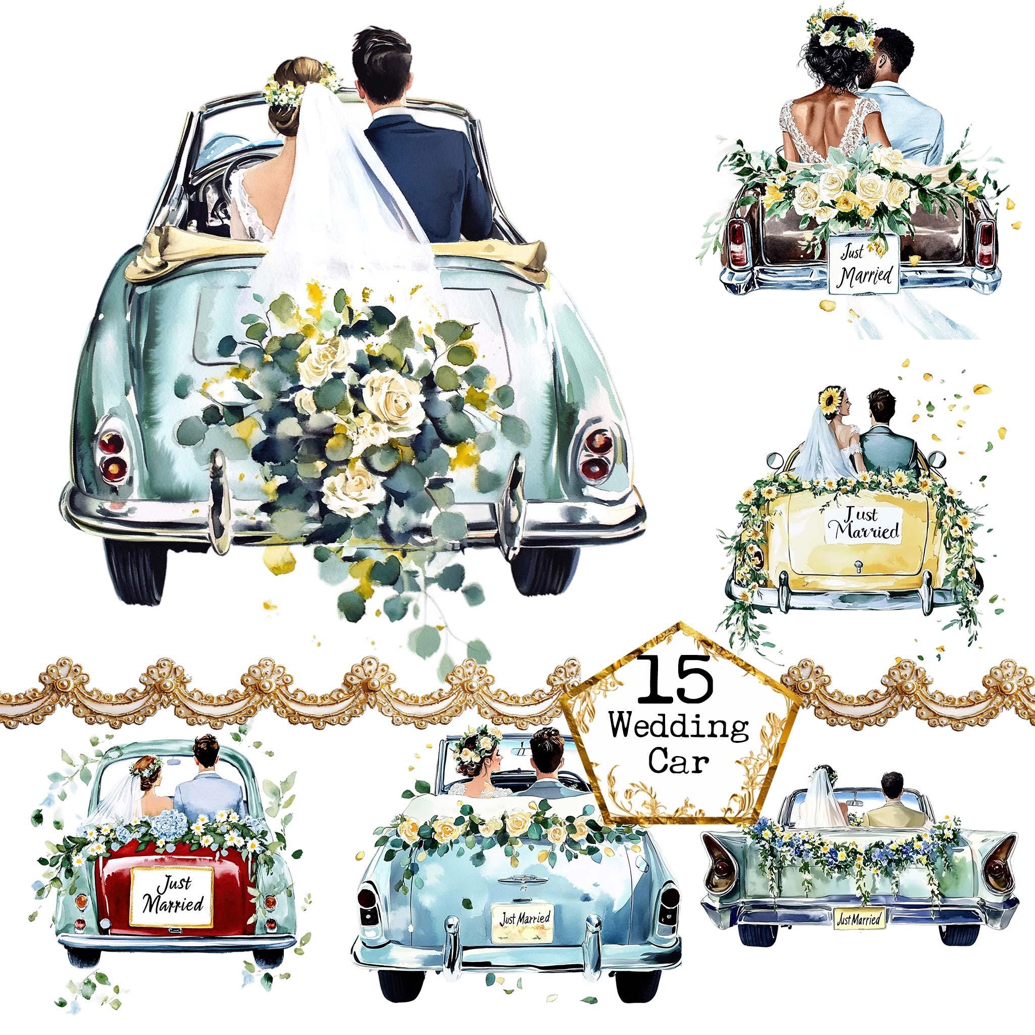 Wedding Car Clipart Bundle – 15 Watercolor Just Married Illustrations ...