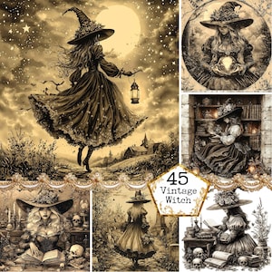 Sfondi vintage da strega JPEG Carte litografiche Monocromatiche Streghe Halloween Download immediato Artigianato di carta Diario spazzatura Scrapbooking