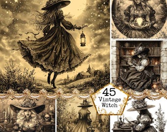 JPEG Vintage Witchy Backgrounds Lithograph Papers Monochromatic Witch Halloween Instant Download Paper Crafts Junk Journal Scrapbooking