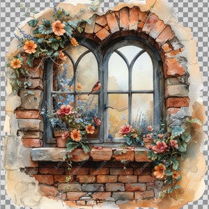 Puede incluir: Una pintura de acuarela de una ventana de ladrillo con un pájaro posado en el alféizar de la ventana. La ventana es arqueada y tiene una vista de un jardín con flores. Hay flores creciendo alrededor de la ventana.