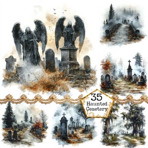 JPEG aquarel Haunted begraafplaats clipart bundel Haunted clipart gotische illustratie Instant Download papier ambachten ongewenste dagboek scrapbooking