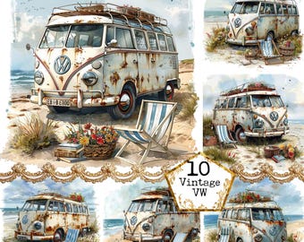 JPEG Vintage Abandoned Surfing Van at the Beach Clipart Bundle JPEG Summer surfing Instant Download Paper Crafts Junk Journal Scrapbooking