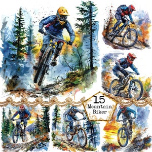 Bundle de cliparts aquarelle de motard de montagne JPEG Sports Clipart vélo Clipart Téléchargement instantané papier Artisanat indésirable Journal Scrapbooking