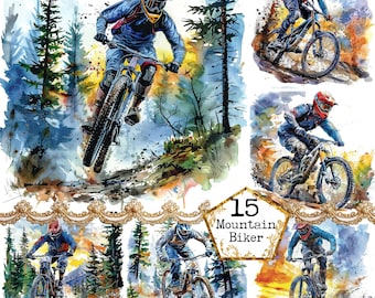 JPEG acuarela Mountain Biker Clipart Bundle JPEG Sports Clipart Ciclismo Clipart Descarga instantánea Paper Crafts Junk Journal Scrapbooking