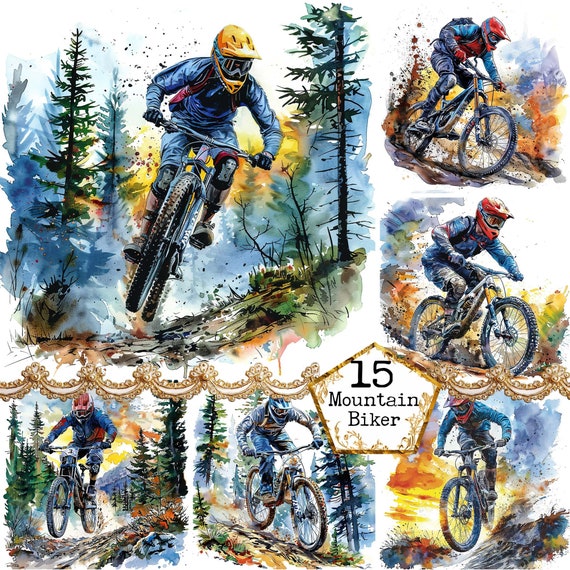 JPEG Watercolor Mountain Biker Clipart Bundle JPEG Sports Clipart Bicycling Clipart Instant Download Paper Crafts Junk Journal Scrapbooking