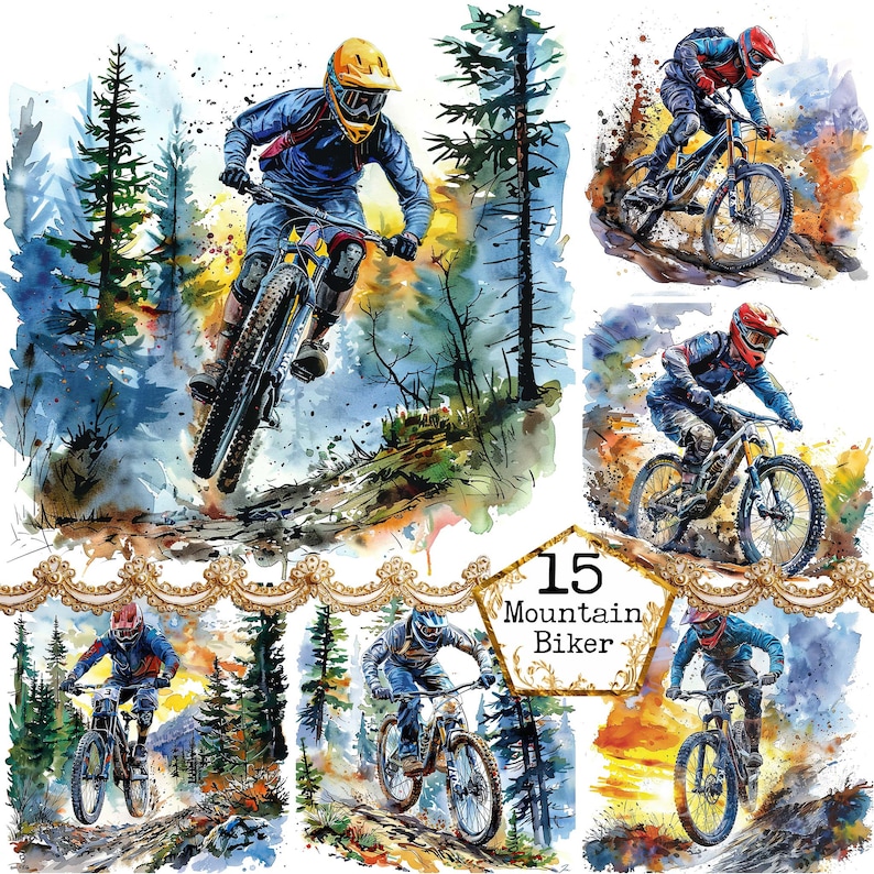 May include: A digital painting of 15 mountain bikers riding through a forest. The bikers are wearing helmets and riding downhill on their bikes. The painting is done in a watercolor style and features a variety of colors, including green, blue, and brown.