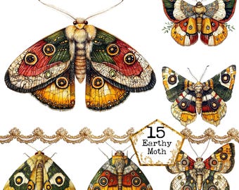 PNG + JPEG Watercolor Earthy Moth Clipart Bundle Spring Clipart Mystical Moths Art Instant Download Paper Crafts Junk Journal Scrapbooking