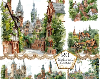 JPEG Watercolor Medieval Castle and City JPEG European Clipart Vintage City Cathedral Instant Download Paper Craft Junk Journal Scrapbooking