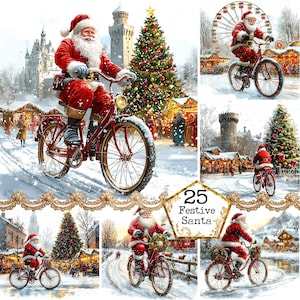Pacote de ilustrações de ciclismo em aquarela JPEG Santa JPEG Cenário de Natal Download instantâneo de Natal Artesanato em papel Diário de sucata Scrapbooking