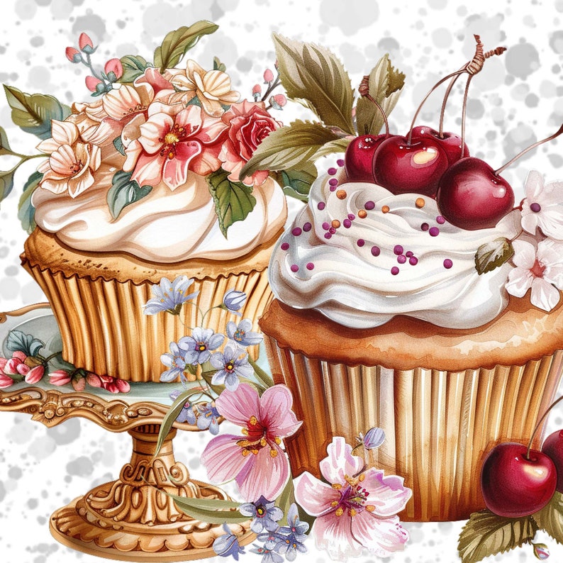 PNG Watercolor Cupcakes Clipart Bundle, Dessert Clipart Png, Cupcake ...
