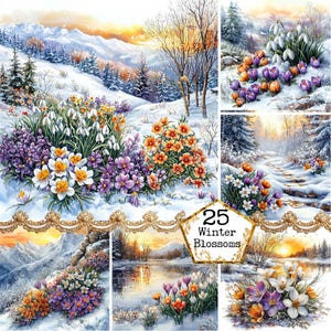 JPEG Aquarell Frühlingsblumen Grafik Narzissen Clipart Frühlingslandschaft Schneeglöckchen Clipart Bilder Papier Handwerk Junk Journal Scrapbooking