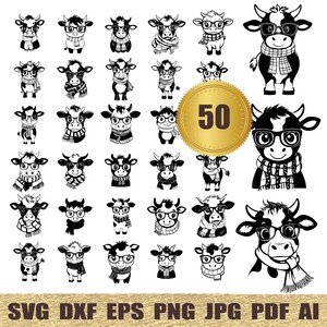 50 Cute Cow with Glasses and a Scarf svg, dxf, eps, ai, pdf, jpg, png Cow Face Silhouettes Cut File printable vectors Highland Cow svg