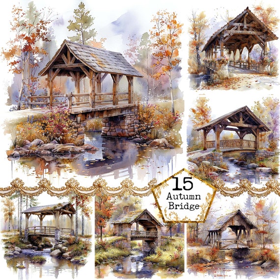 秋の風景 水彩画 橋の絵 水彩画の秋の屋根付き橋のクリップアート バンドル JPEG 風景 風景