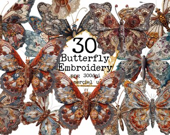 Butterfly Embroidery Set Clipart, Transparent PNG, Butterfly bundle, Scrapbooking, Paper Crafts, Junk Journal, Card Making, Commercial Use