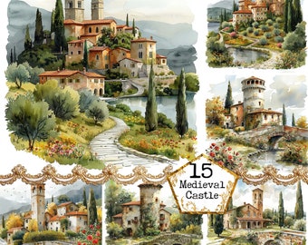 Watercolor Medieval Castle on a Field JPEG Commercial Use Tower Clipart Landscape Instant Download Paper Crafts Junk Journal Scrapbooking