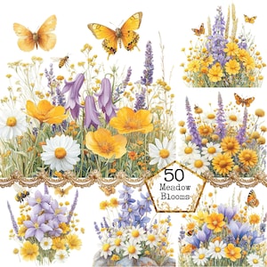 PNG + JPEG Aquarell Wiese Blumen Clipart Bundle Frühlingsblumen Wilde Blumen Art Instant Download Papier Handwerk Junk Journal Scrapbooking