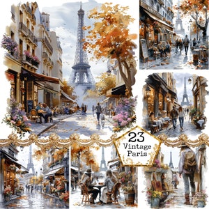 Vintage Shabby Chic Caminhada em Paris Clipart JPEG Vintage Background Cafe Narrow Alley Download instantâneo Papel Artesanato Junk Journal Scrapbooking