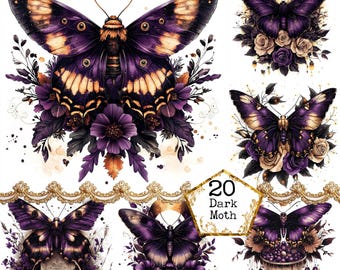 Paquete de imágenes prediseñadas de polilla gótica JPEG, polilla espeluznante, polilla mística, imágenes prediseñadas de terror, arte de insectos, descarga instantánea, manualidades de papel, diario basura, álbumes de recortes