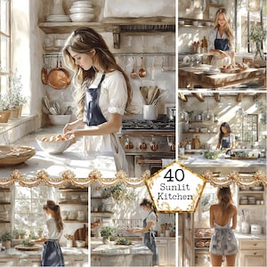 Pacote de clipart de mulher cozinhando aquarela JPEG, cozinha moderna, cozinha, interiores, arte, download instantâneo, artesanato em papel, diário de lixo, scrapbooking