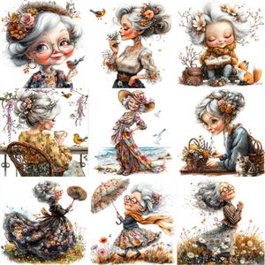 JPEG Watercolor Bohemian Granny Clipart Bundle Elderly Lady Funny ...