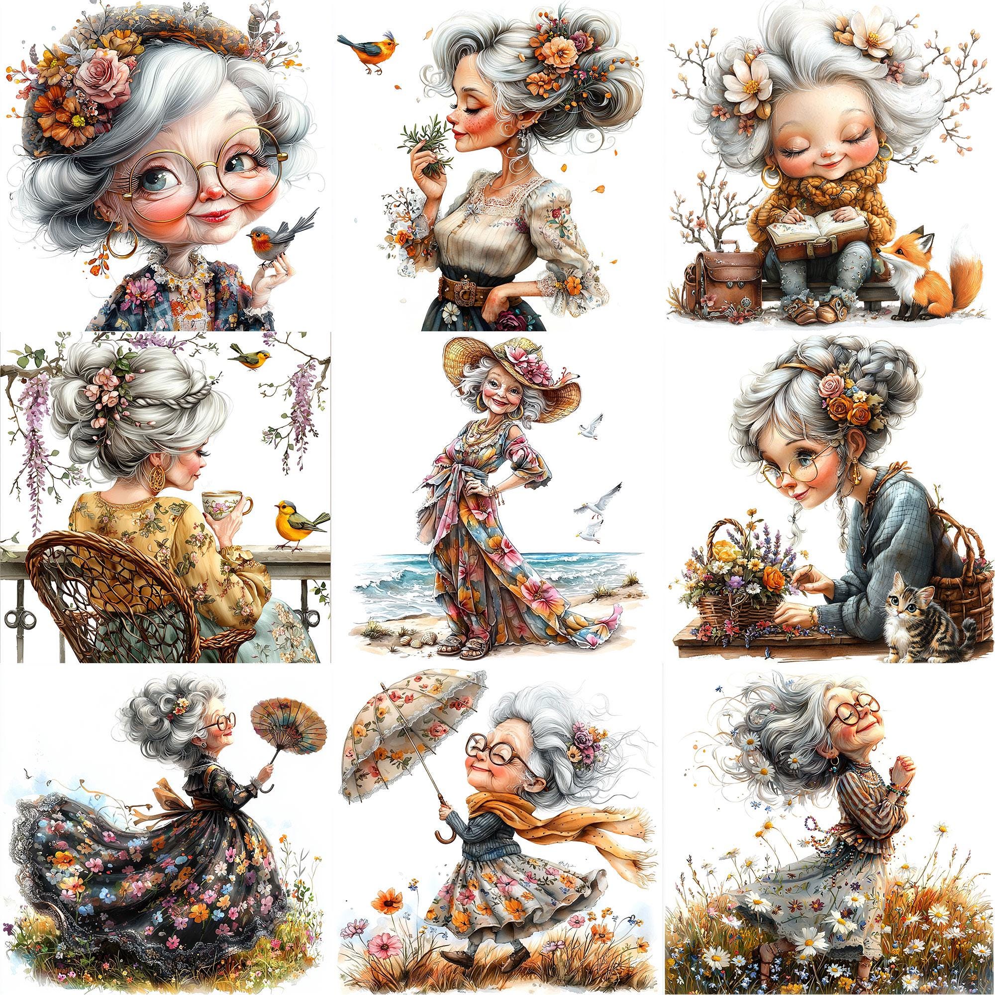 JPEG Watercolor Bohemian Granny Clipart Bundle Elderly Lady Funny ...