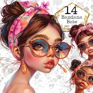 Pacchetto Clipart Girl With Bandana Bellissimo cartone animato Clipart Illustrazione commerciale Download immediato Artigianato di carta Junk Journal Scrapbooking