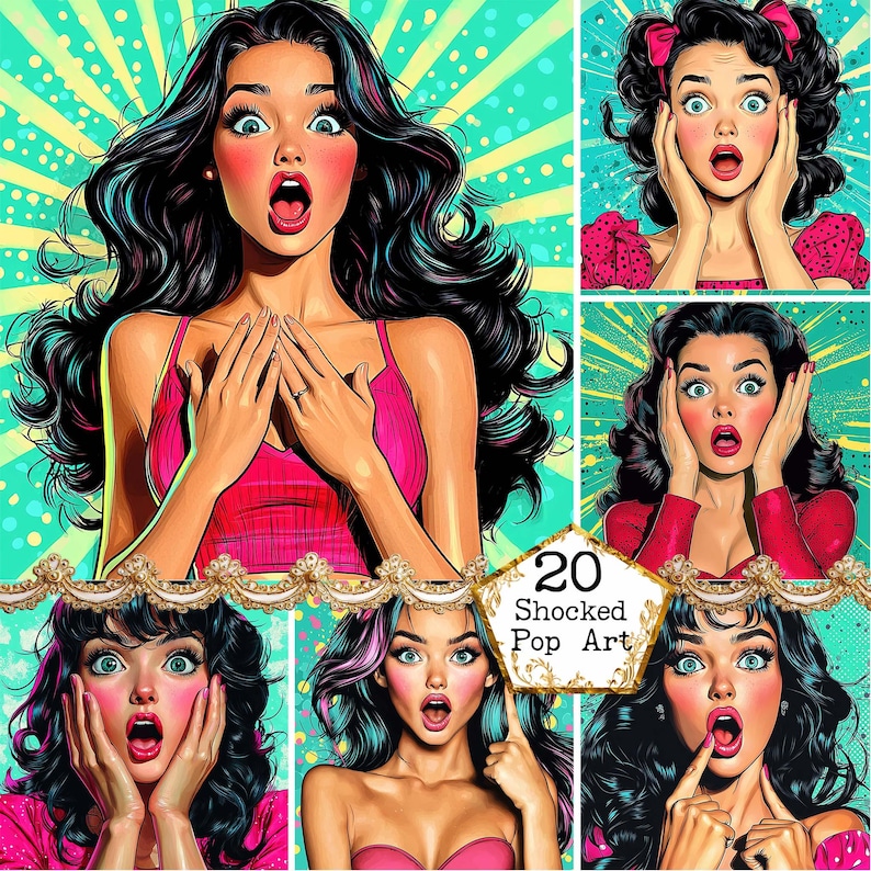 May include: A collage of six images featuring women with shocked expressions. Each woman has dark hair and is wearing a colorful top. The images are set against a bright, colorful background with a radial pattern. The text 