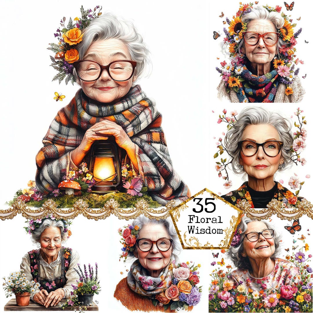 JPEG Watercolor Spring Granny Clipart Bundle Funny Floral Granny Spring ...