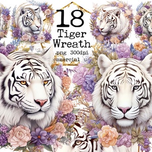 PNG Watercolor Boho Floral White Tiger Clipart Bundle Jungle Clipart Sublimation Design Instant Download Commercial Use