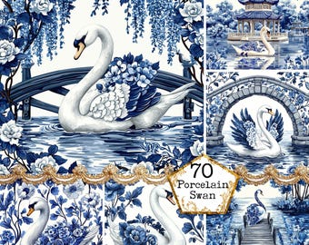 Paquete de imágenes prediseñadas de azulejos antiguos de cisne JPEG, azulejos mediterráneos de cisne, azulejos de cerámica, descarga instantánea, manualidades de papel, diario basura, álbumes de recortes