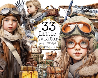 Vintage Aviator Girls Clipart, Transparent PNG, Airplane, Little Girl, Goggles, Romantic, Scrapbook, Junk Journal, Paper Crafts Scrapbooking