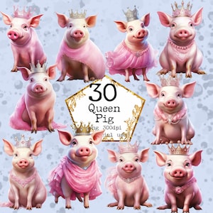 PNG Watercolor Pig Queen Clipart Bundle Fantasy Clipart Fairytale Pig PNG Instant Download Paper Crafts Junk Journal Scrapbooking