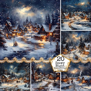 JPEG pequena vila à noite JPEG Download instantâneo Inverno Clipart Imagens de Natal Uso comercial Papel Artesanato Junk Journal Scrapbooking