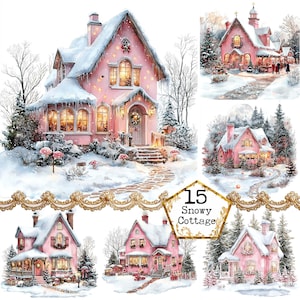 JPEG Akwarela Różowy Boże Narodzenie Chatka Clipart Bundle Śnieżna Wieś Śnieżna Sceneria Natychmiastowe Pobieranie Papierowe Rzemiosło Dziennik Śmieci Scrapbooking