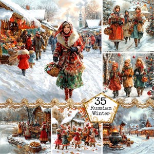 Illustrations de scènes d'hiver russes à l'aquarelle JPEG Arrière-plans Noël Téléchargement instantané Travaux manuels en papier Journal indésirable Scrapbooking