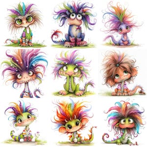 May include: Nine whimsical illustrations of colorful cartoon dragons with large eyes and vibrant, multi-colored hair. Each dragon has a unique pose and outfit, set against a simple background.