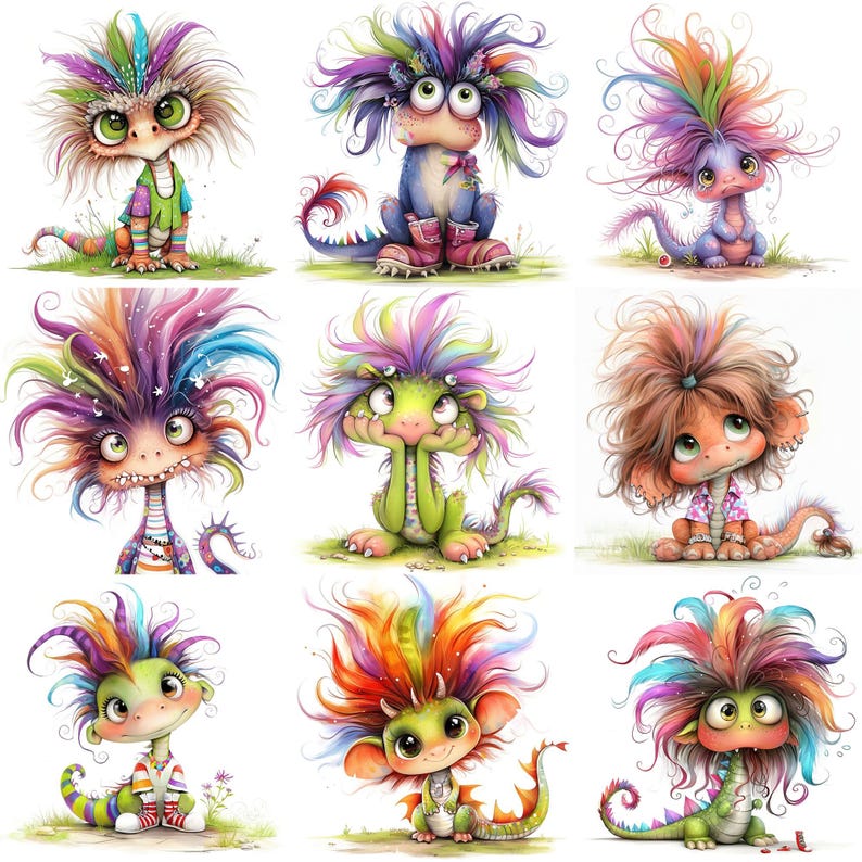 May include: Nine whimsical illustrations of colorful cartoon dragons with large eyes and vibrant, multi-colored hair. Each dragon has a unique pose and outfit, set against a simple background.