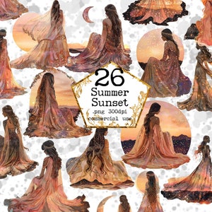 Pacchetto Clipart acquerello scintillante ragazza e tramonto Bella ragazza Clipart Estate Download immediato Artigianato di carta Junk Journal Scrapbooking